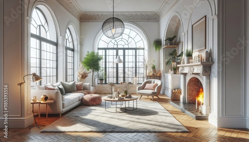Scandinavian living room, minimalist interior design, arched windows, natural light, wooden floors, grey sofa, round coffee table, pendant light, fiddle leaf fig plant, neutral color palette, high cei