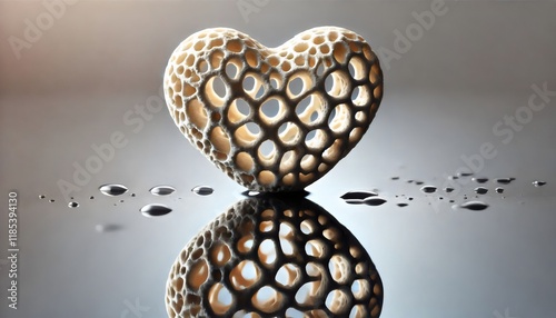 Porous heart-shaped stone on reflective surface with soft lighting