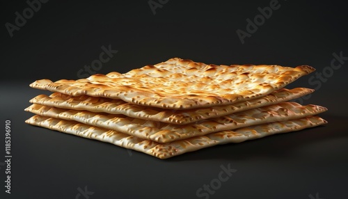 A stack of four matzah crackers on a dark background. photo