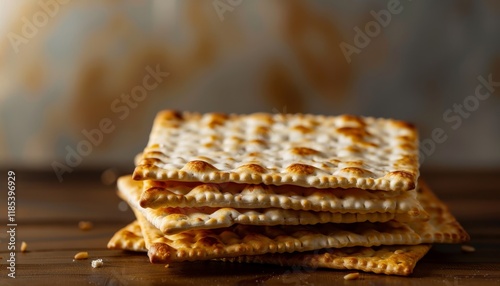 A stack of unleavened matzah crackers on a wooden table. photo