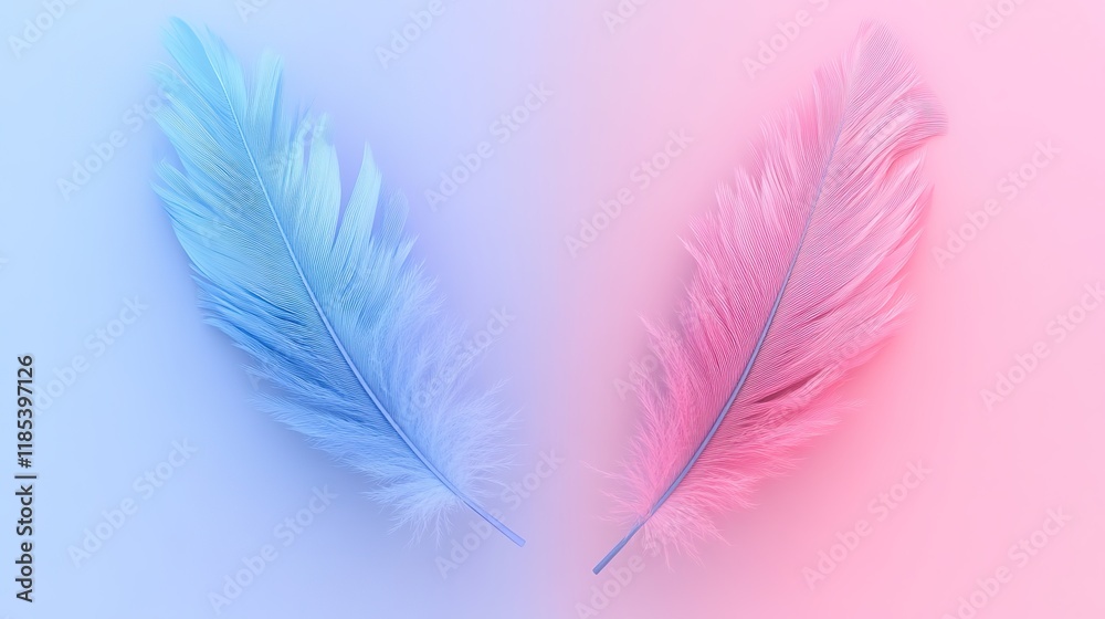 Obraz premium Pink and Blue 3D Rendering of a Feather Isolated on a Neutral Background, Highlighting Its Delicate Texture and Vibrant Colors. A Symbol of Grace and Beauty.