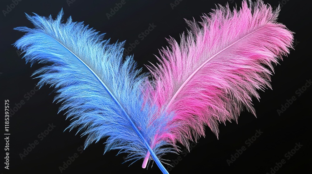 Obraz premium Pink and Blue 3D Rendering of a Feather Isolated on a Neutral Background, Highlighting Its Delicate Texture and Vibrant Colors. A Symbol of Grace and Beauty.