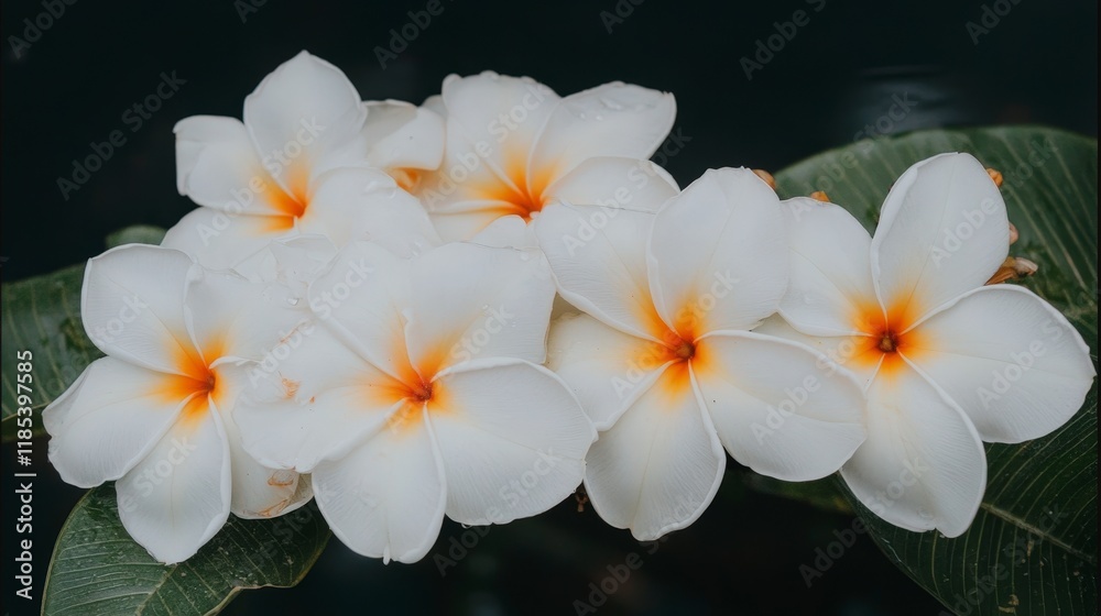 Fototapeta premium Lush White Plumeria Flowers Tropical Bloom Exotic Botany Spa Relaxation