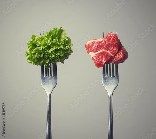 Fresh green lettuce and raw red beef on separate forks representing healthy eating choices and the contrast between vegetables and meat in dietary decisions