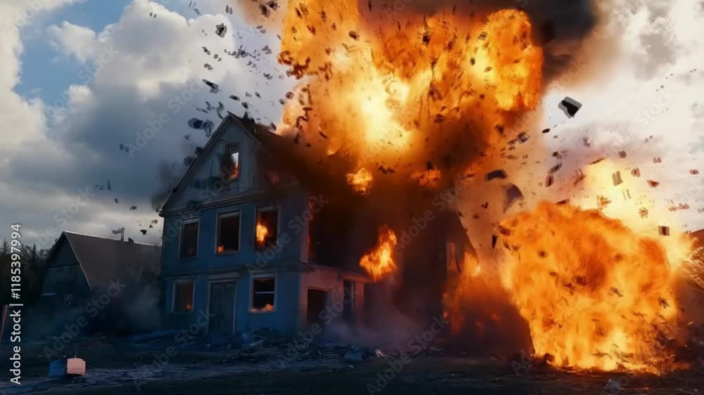 Scene of a house exploding due to an attack, seamless looping motion for background video animation.
