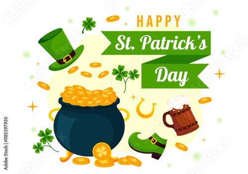 Happy St. Patrick's Day Vector Illustration on March 17 Featuring Golden Coins, a Green Hat, Beer, and Shamrocks in a Flat Style Cartoon Background