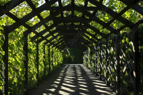 Serene Pathway Through a Lush Green Garden Trellis Surrounded by Vibrant Foliage and Gentle Sunlight Casting Shadows on the Ground