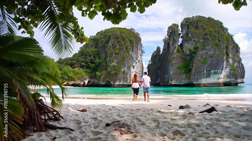 Romantic Walk on a Tropical White Sand Beach with Crystal-Clear Water and Lush Limestone Formations in a Scenic Cinematic View