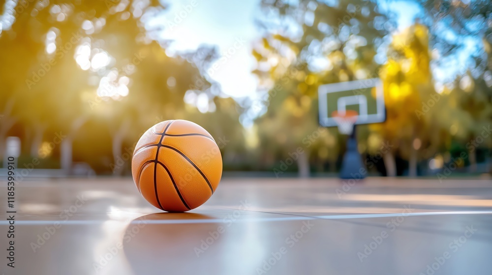 A close-up view of a basketball on the court, with a blurred hoop in the background, showcasing a vibrant sunny day. A close-up view of a basketball on the court, with a blurred hoop in the background, showcasing a vibrant sunny day.