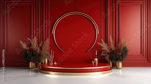 Luxurious red and gold holiday display with circular backdrop and floral arrangements