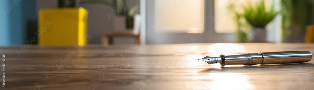 Naklejka premium A close-up of a silver pen resting on a wooden desk, capturing a moment of creativity and productivity.