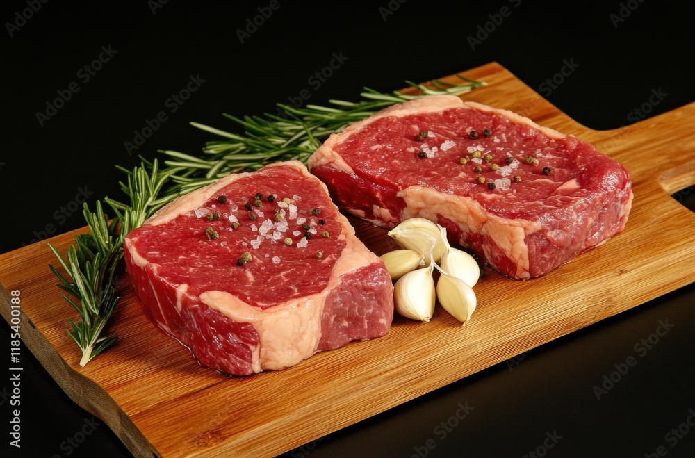 Fresh Raw Steak Cuts on Wooden Board with Rosemary and Garlic Cloves Ready for Cooking or Grilling in a Gourmet Kitchen Setting Fresh Raw Steak Cuts on Wooden Board with Rosemary and Garlic Cloves Ready for Cooking or Grilling in a Gourmet Kitchen Setting