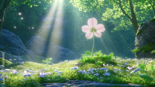 Enchanted forest: sunlit pink flower in lush woodland glade