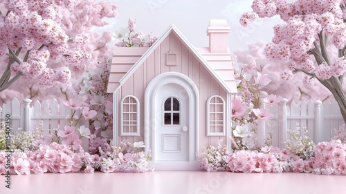 Charming pink cottage surrounded by blossoming cherry trees in springtime