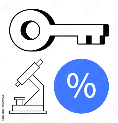 Key symbol, microscope icon, and percentage sign in a blue circle. Ideal for scientific discovery, research importance, financial analysis, investment strategy, unlocking knowledge, academic