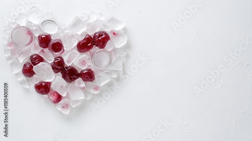 Heart-shaped arrangement of ice cubes and cherries on white background
