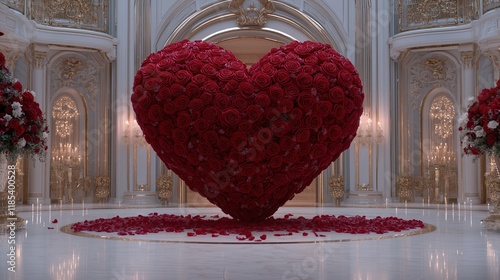 Elegant red rose heart in a luxurious grand hall setting