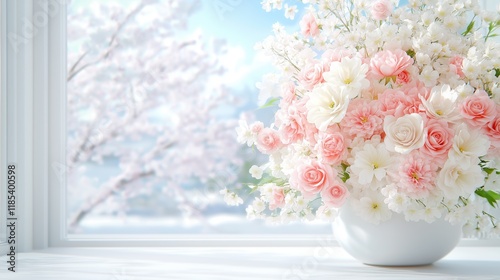 Serene spring floral arrangement by a sunlit window with cherry blossoms