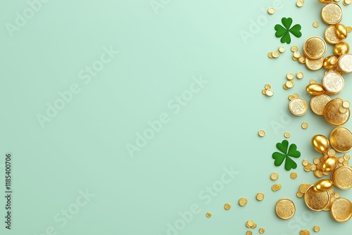 Lucky green background with gold coins and clovers symbolizing wealth and prosperity
