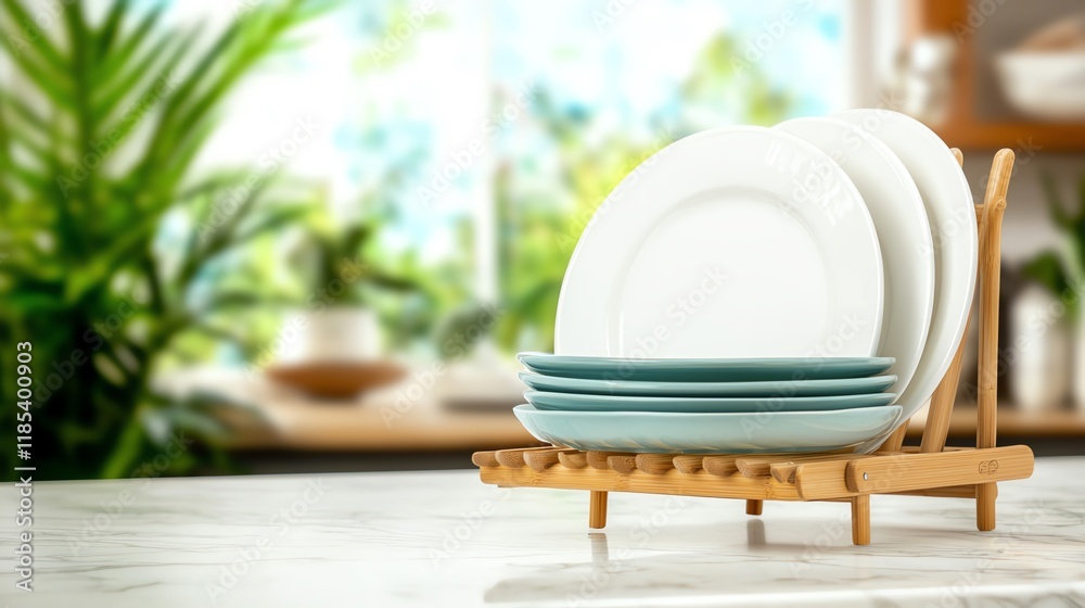 A clean and modern kitchen scene featuring stacked white plates on a stylish wooden rack. A clean and modern kitchen scene featuring stacked white plates on a stylish wooden rack.
