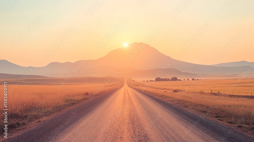 Fototapeta premium Sunrise over a long, straight road leading to distant mountains.