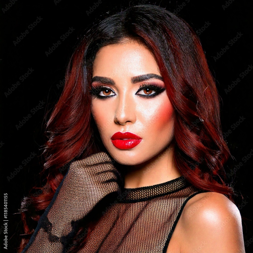 Fototapeta premium A fashion portrait of a woman with red lips, wearing lace gloves and a stylish gown, featuring smoky eye makeup and thick eyebrows, her face partially framed by soft hair curls.