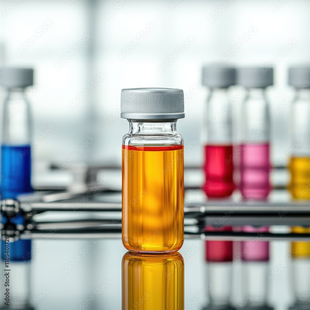 modern laboratory setting close-up concept. A glass vial with orange liquid, surrounded by colorful test tubes on a reflective surface. modern laboratory setting close-up concept. A glass vial with orange liquid, surrounded by colorful test tubes on a reflective surface.