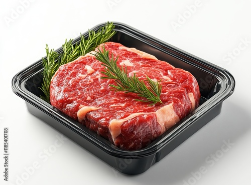 Freshly Cut Ribeye Steak with Rosemary on a Black Plastic Tray Ready for Grilling or Cooking in a Modern Kitchen Environment