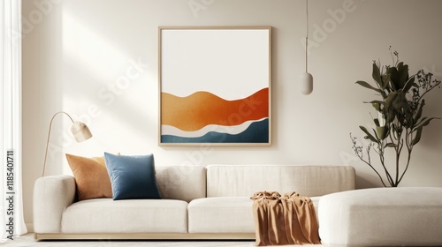 Abstract art print on wall above sofa in modern living room.