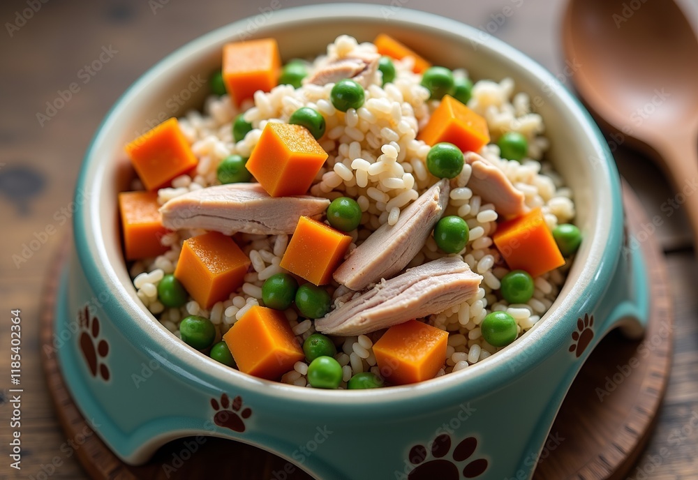 Rustic Wooden Table with a Beautifully Styled Ceramic Bowl of Healthy Dog Food: Chicken, Turkey, Pumpkin, Peas, and Rice Rustic Wooden Table with a Beautifully Styled Ceramic Bowl of Healthy Dog Food: Chicken, Turkey, Pumpkin, Peas, and Rice