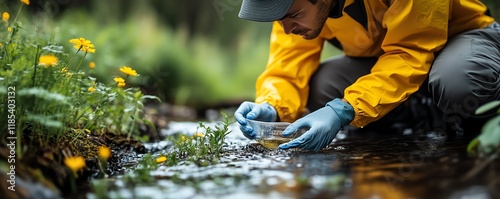 A researcher analyzing water from a forest stream, studying ecosystem health and bacterial growth, surrounded by nature and agricultural study equipment, natural environment focus