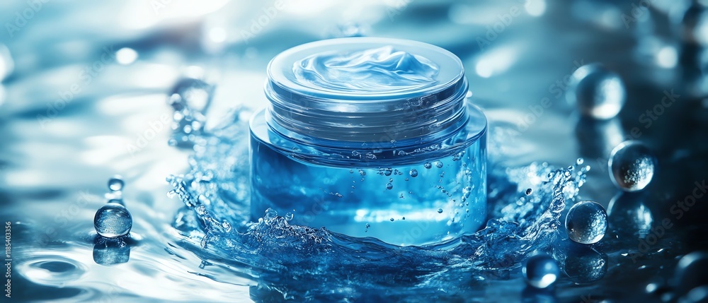 A revitalizing facial care cream with hyaluronic acid, surrounded by dynamic blue water molecules and atoms, highlighting hydration and skin glow benefits A revitalizing facial care cream with hyaluronic acid, surrounded by dynamic blue water molecules and atoms, highlighting hydration and skin glow benefits