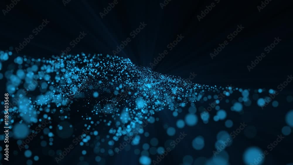 abstract blue looped background of glowing particles like Chrisrmas garland. Dark composition with oscillating luminous particles that form surface. Smooth animation looped.
