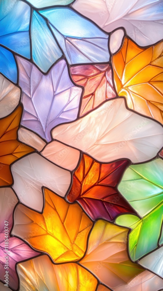 Naklejka premium Colorful stained glass autumn leaves with vibrant lighting and textures