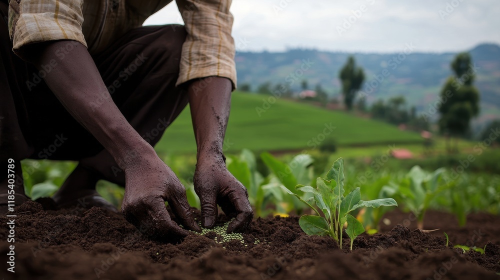 African Farmer Planting Seeds in Lush Green Field African Farmer Planting Seeds in Lush Green Field