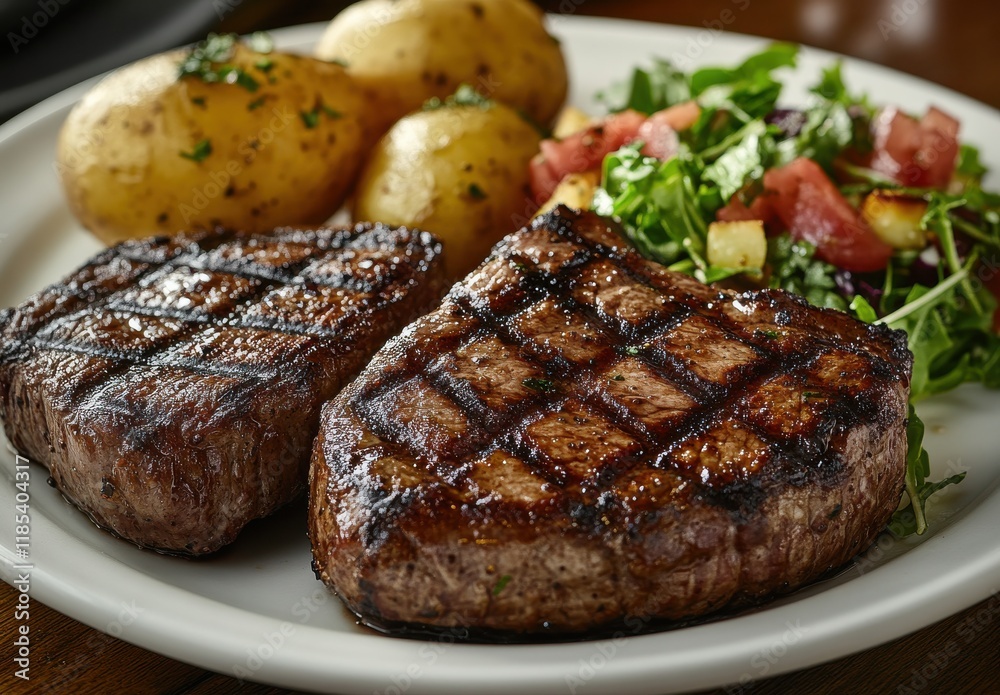 Grilled Steak with Potato and Fresh Salad Served on a White Plate in a Rustic Dining Setting Grilled Steak with Potato and Fresh Salad Served on a White Plate in a Rustic Dining Setting