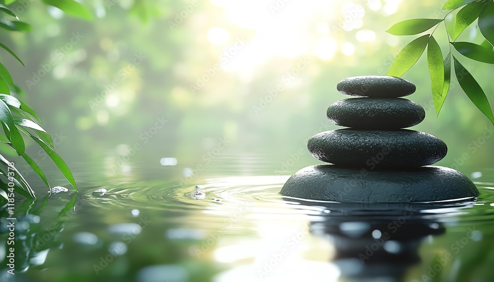 A balanced Zen stone formation in the water, surrounded by green leaves, peaceful natural landscape, soft light and gentle reflections creating a tranquil setting A balanced Zen stone formation in the water, surrounded by green leaves, peaceful natural landscape, soft light and gentle reflections creating a tranquil setting