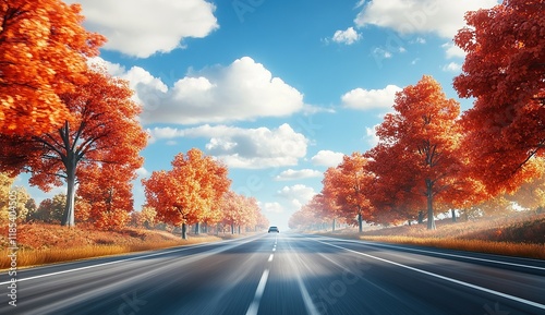 A highway in autumn, trees on both sides of the road with orange and red leaves