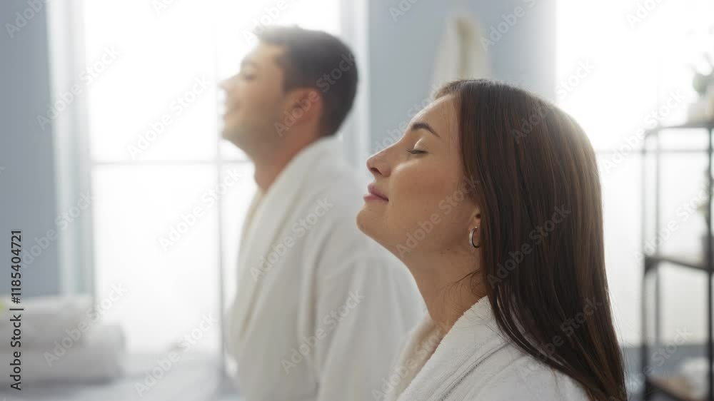 Woman and man relaxing in indoor spa wellness center with eyes closed, enjoying peaceful atmosphere together Woman and man relaxing in indoor spa wellness center with eyes closed, enjoying peaceful atmosphere together