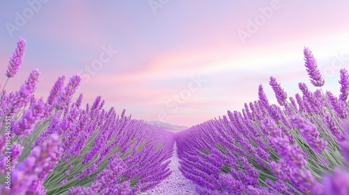 Scenic lavender field landscape with vibrant purple blooms and serene sunset sky photo