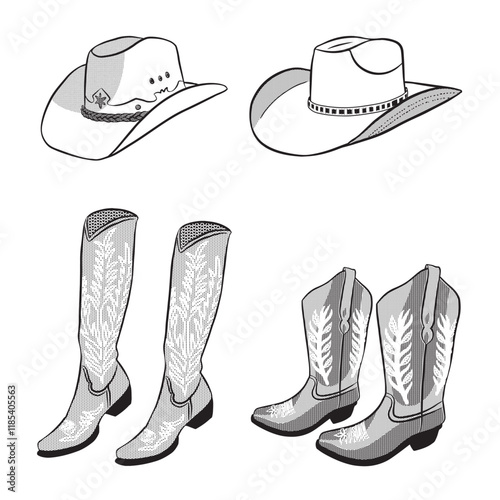 Set of women's cowboy hats and boots. Black and white illustration with halftone. Isolated on transparent background.