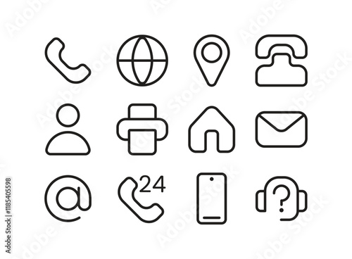 Contacts line icons set. Email, mobile, phone, fax, place, website, location, name, landline, customer service.