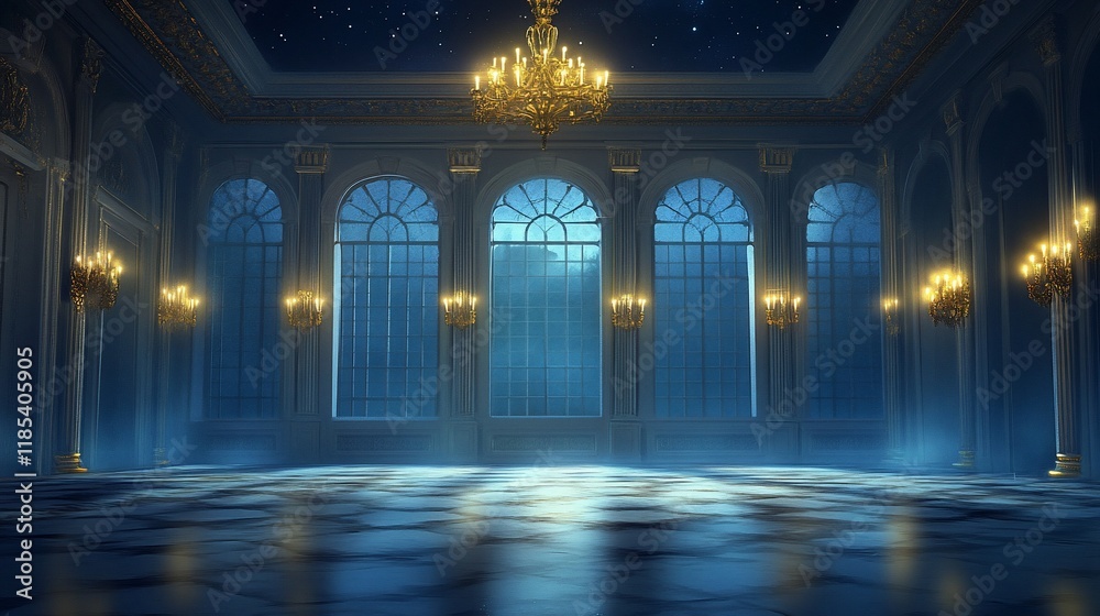 Elegant, grand ballroom at night, with ornate details, chandeliers, and large windows. Elegant, grand ballroom at night, with ornate details, chandeliers, and large windows.