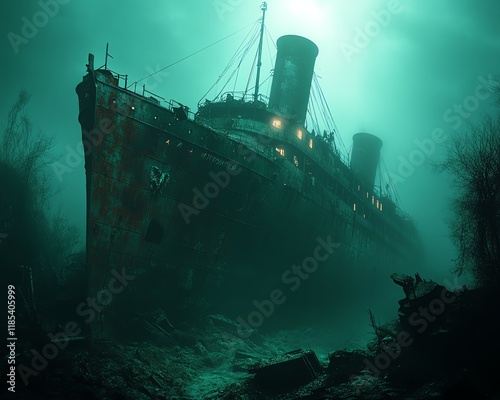 A sunken ocean liner, rusted and decaying, resting on the ocean floor, Titanic wreck scene, eerie underwater lighting, detailed illustration of submerged shipwreck