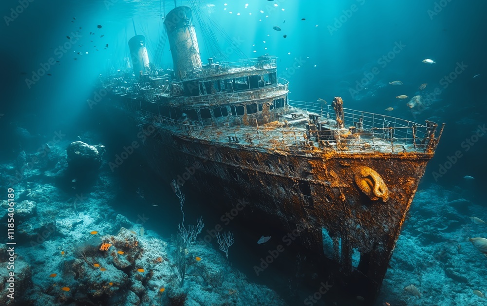 A Titanicinspired old ocean liner rusted and sunken underwater, detailed shipwreck scene, eerie deepsea environment with fish and marine flora surrounding the wreck A Titanicinspired old ocean liner rusted and sunken underwater, detailed shipwreck scene, eerie deepsea environment with fish and marine flora surrounding the wreck