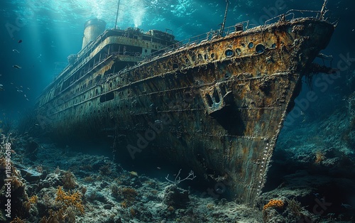 A Titanicinspired old ocean liner rusted and sunken underwater, detailed shipwreck scene, eerie deepsea environment with fish and marine flora surrounding the wreck