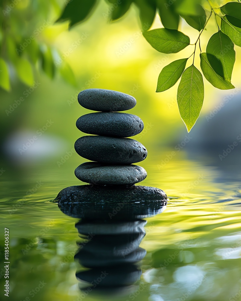 A tranquil Zen stone stack balanced perfectly in clear water, surrounded by vibrant green leaves, peaceful nature setting, soft sunlight and calming reflection A tranquil Zen stone stack balanced perfectly in clear water, surrounded by vibrant green leaves, peaceful nature setting, soft sunlight and calming reflection
