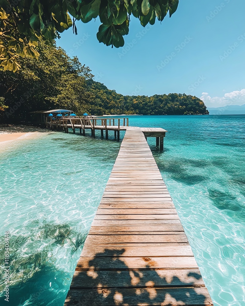 A wooden pier reaching over a calm, sparkling tropical lagoon, clear turquoise water and bright skies, relaxing summer vacation getaway, jetty on the water with beach vibes A wooden pier reaching over a calm, sparkling tropical lagoon, clear turquoise water and bright skies, relaxing summer vacation getaway, jetty on the water with beach vibes