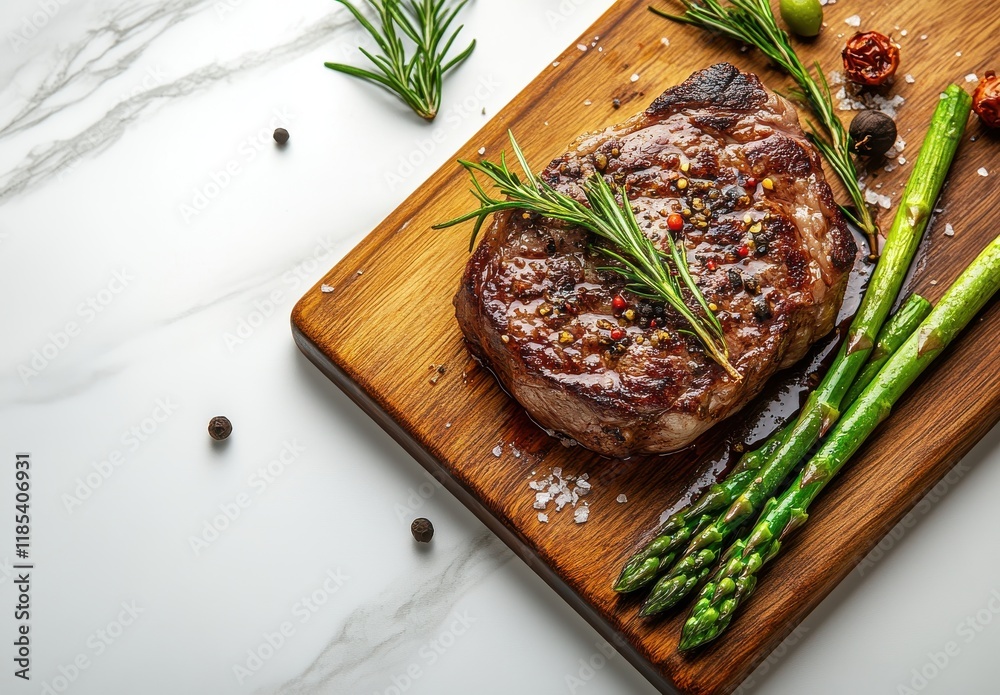 Juicy Grilled Steak with Fresh Asparagus and Spices on a Wooden Cutting Board, Styled for Culinary Presentation and Food Photography