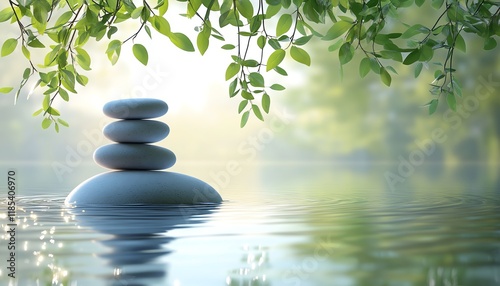 A Zeninspired stone pile balanced on still water, surrounded by fresh green leaves, calming and peaceful nature scene, soft reflections and natural beauty